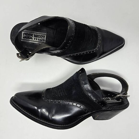 CODE WEST VINTAGE BLACK LEATHER NUBUCK SILVER BUCKLE BACK STRAP MULE WOMENS 8 M - Picture 1 of 9